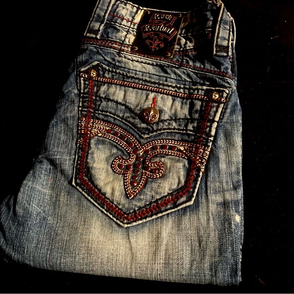 Rare!  Rock Revival “FEENEY” Alt.Straight faux flap pockets w/ crystals 32x33